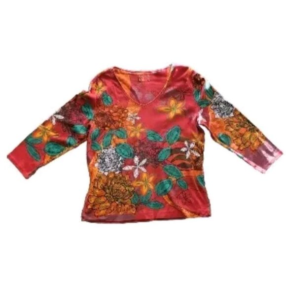 Floral Pattern V-Neck Long Sleeve Women Top Vibrant Multicolor Design - Picture 6 of 7
